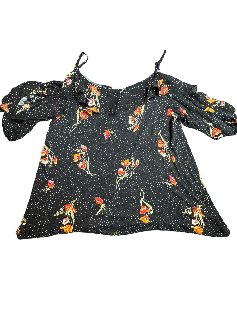 Maurices Black Floral Polka Dot Cold Shoulder Flutter Sleeve Top Large L